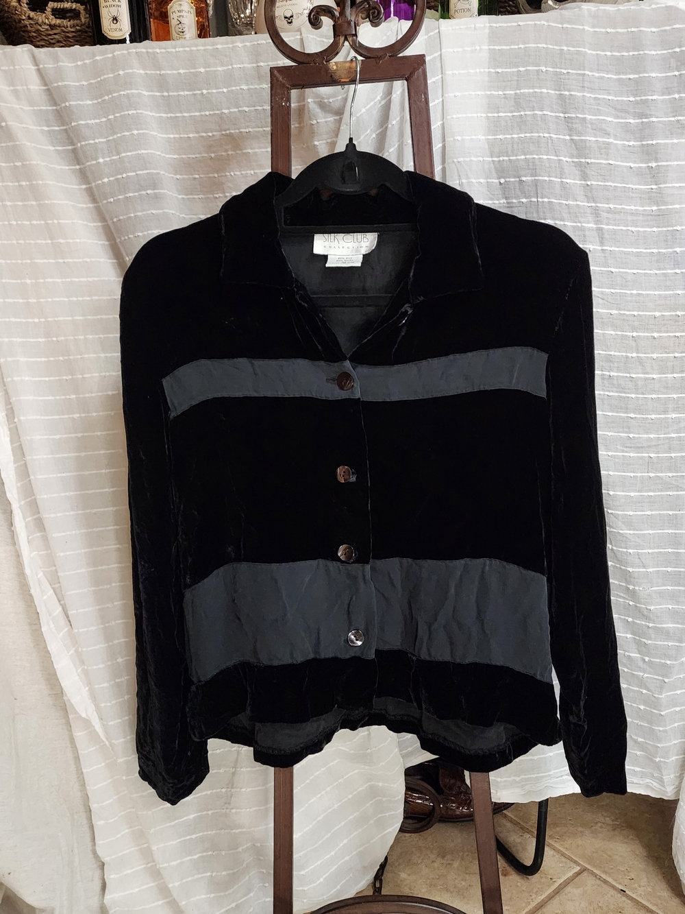 ​Silk Club Vintage Black Crushed Velvet Sheer Silk Stripe Blouse Jacket M Whimsy